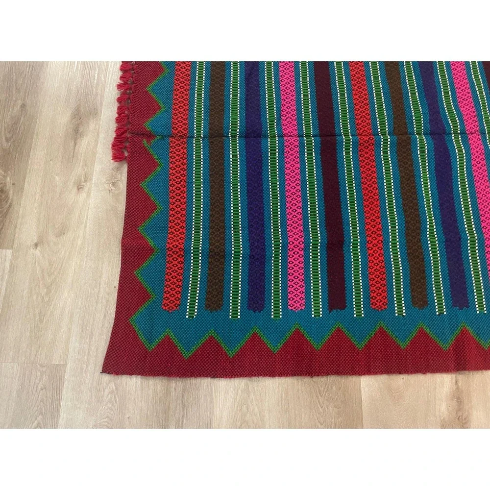 Vintage Mayan Blanket Rug Guatemalan‎ Mexican Wool Frazada Striped Fringe